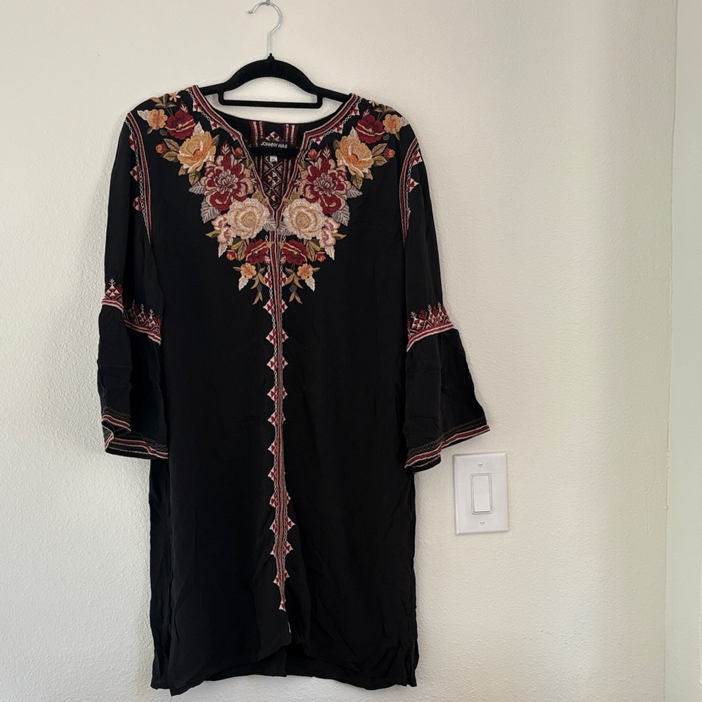 Johnny Was Black Dress with Colorful Floral Embroidery